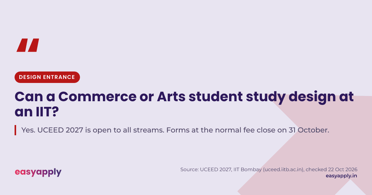 Can a Commerce or Arts student study design at an IIT? Yes. UCEED 2027 is open to all streams; regular-fee forms close 31 October.
