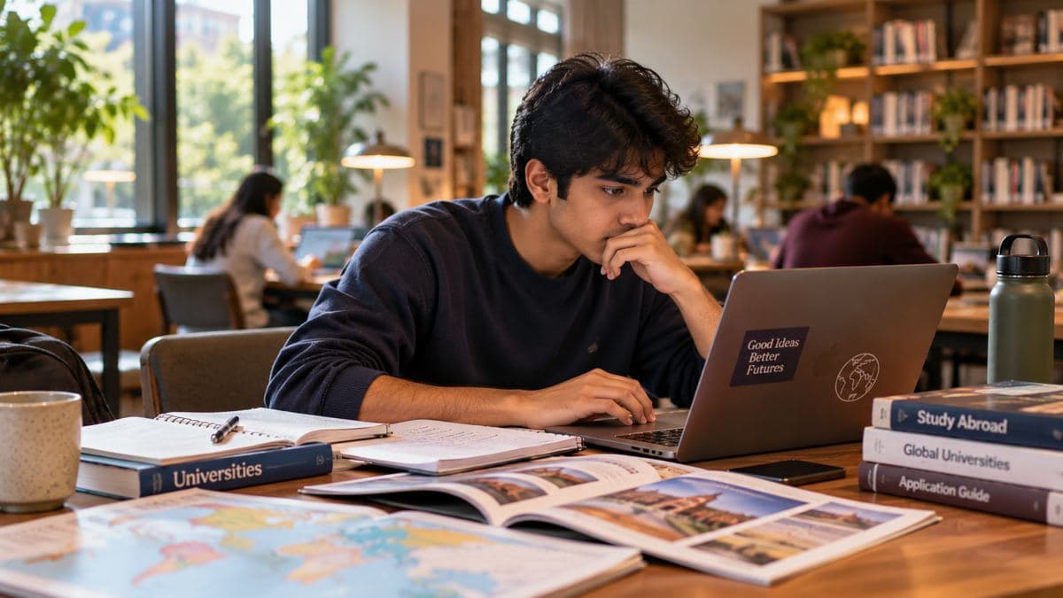 A student researching universities on a laptop in a library