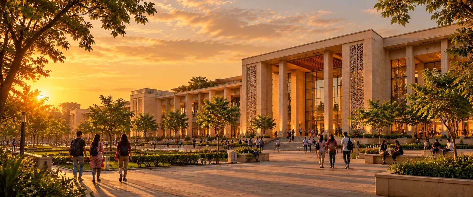 Students walking across a university campus in India at sunset