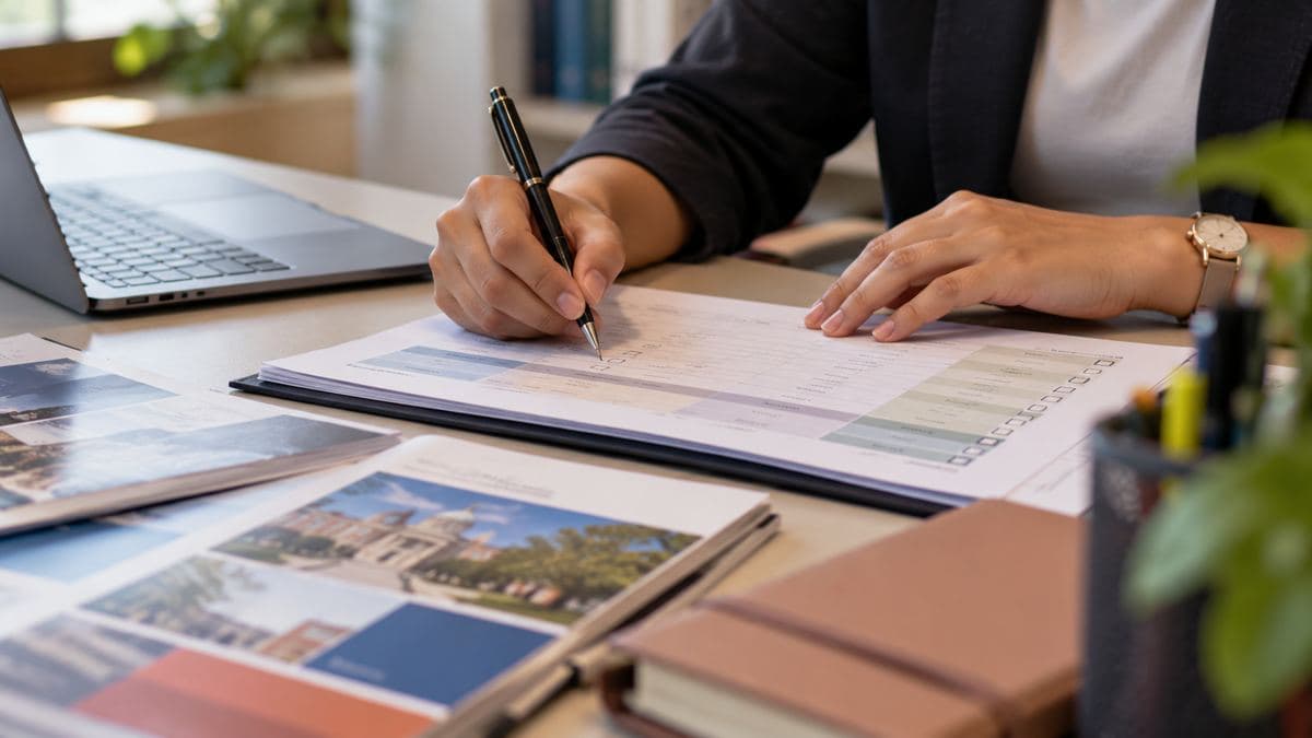 Hands sorting through printed brochures on a table