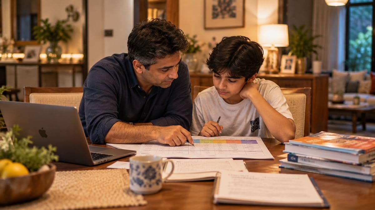 A father and son going through course options together at the dining table
