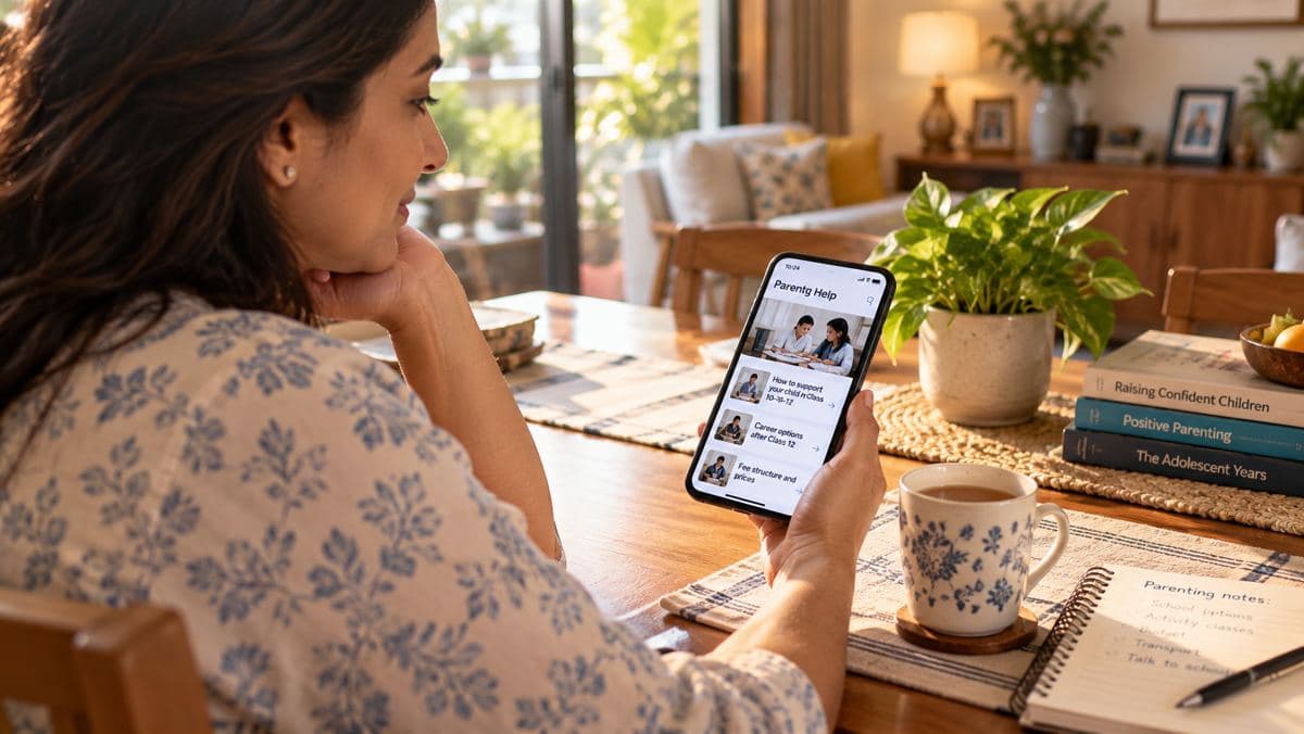 A parent checking a plan on her phone at home
