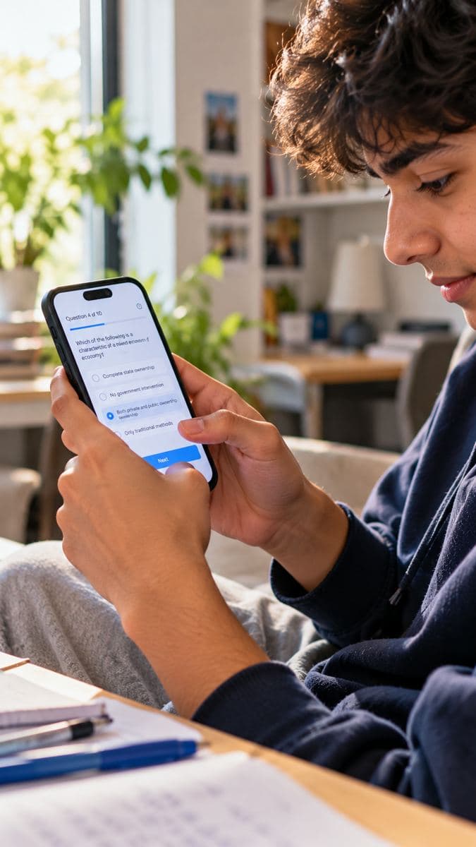 A student answering a quiz on a phone