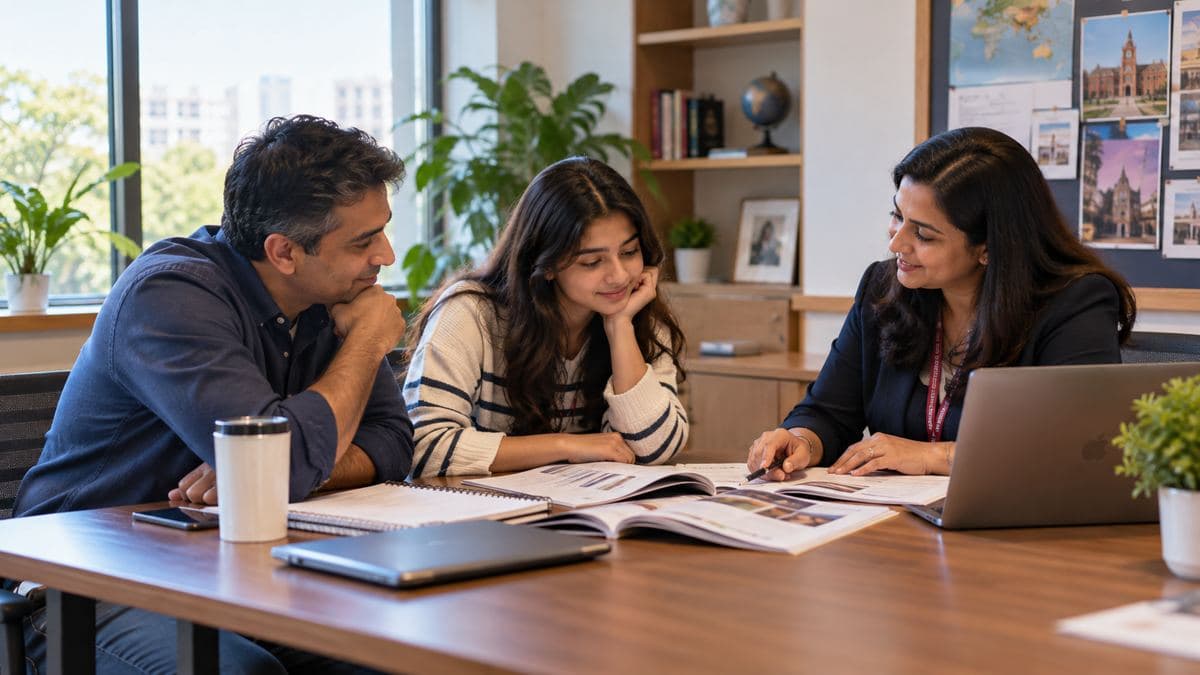 A parent and student going through options with a counsellor