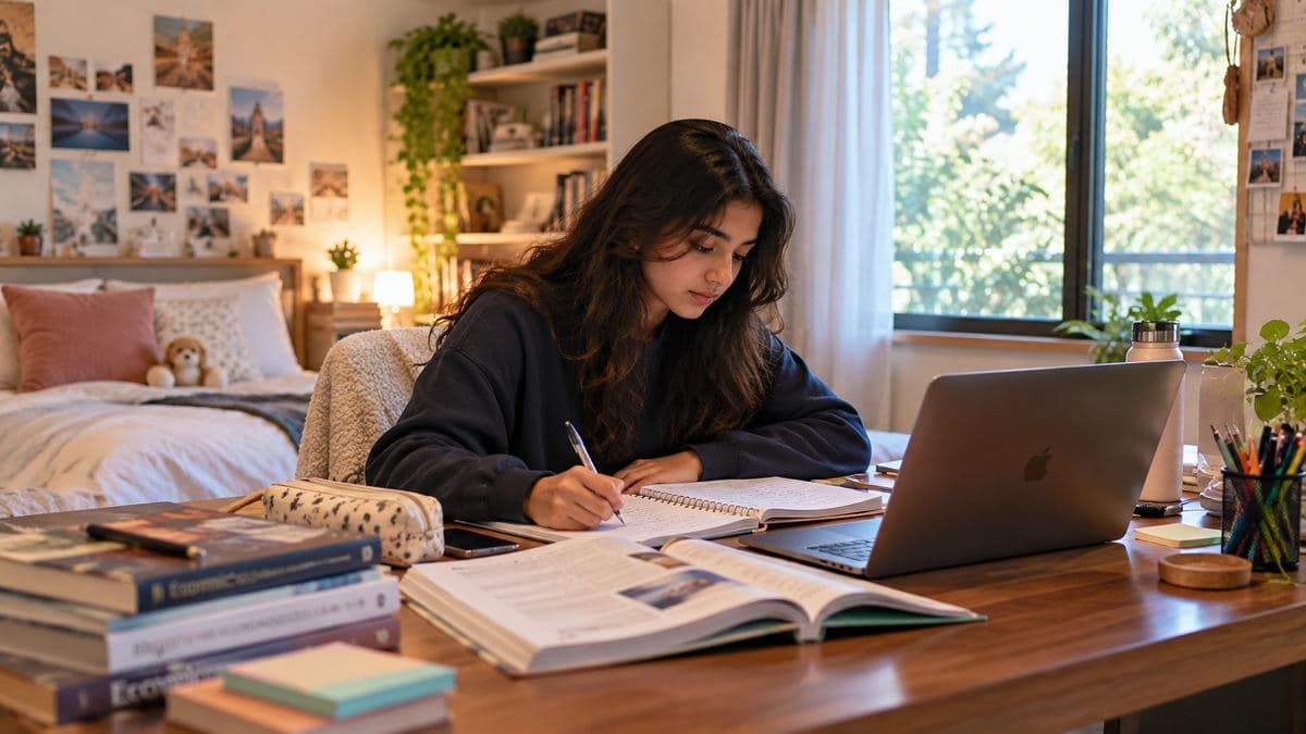 A student writing notes at her desk at home