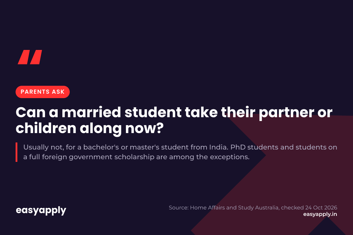 Parents ask: can a married student take their partner or children along now? Usually not, for a bachelor's or master's student from India. PhD students and students on a full foreign government scholarship are among the exceptions