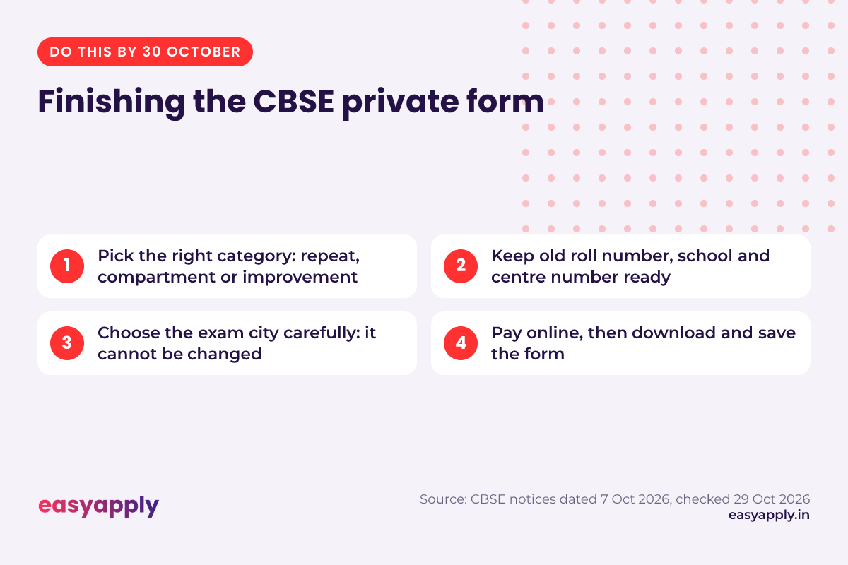 Before 30 October: pick the right category, keep your old roll number, school and centre number ready, choose the exam city carefully, pay online and save the form