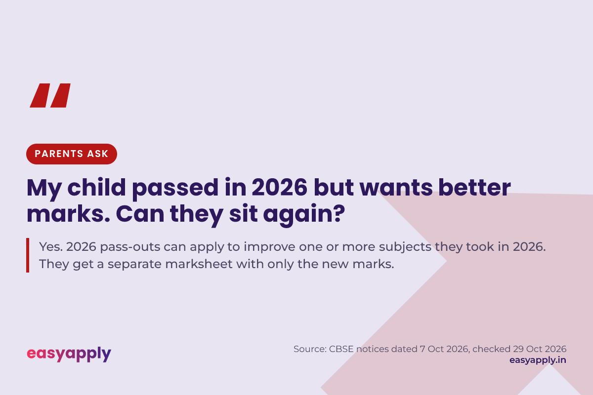 Parents ask: my child passed in 2026 but wants better marks. Can they sit again? Yes, 2026 pass-outs can apply to improve one or more subjects they took in 2026.
