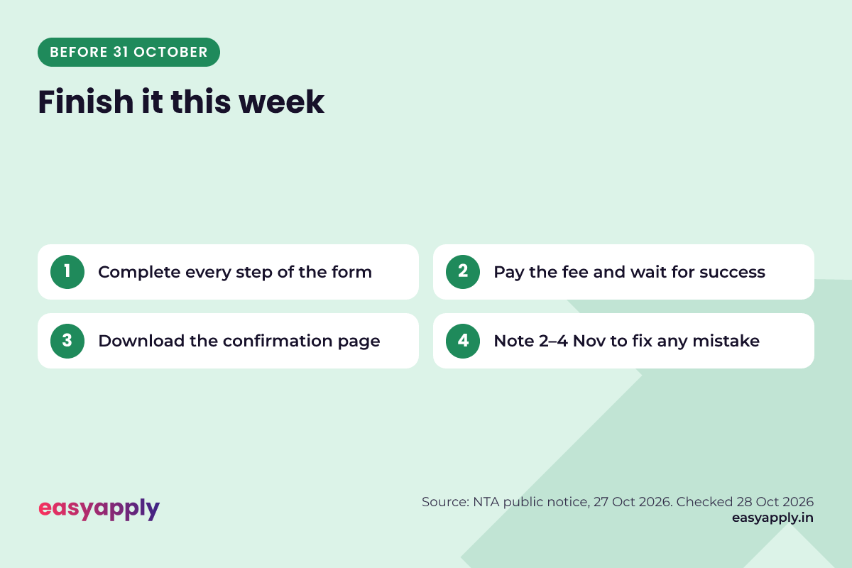 Before 31 October: finish the form, pay the fee, download the confirmation page, note 2 to 4 November for corrections