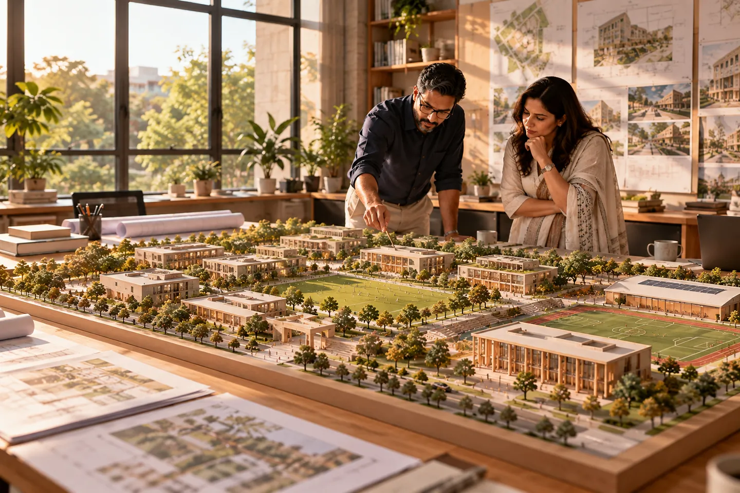 Two educators studying a model of a new campus