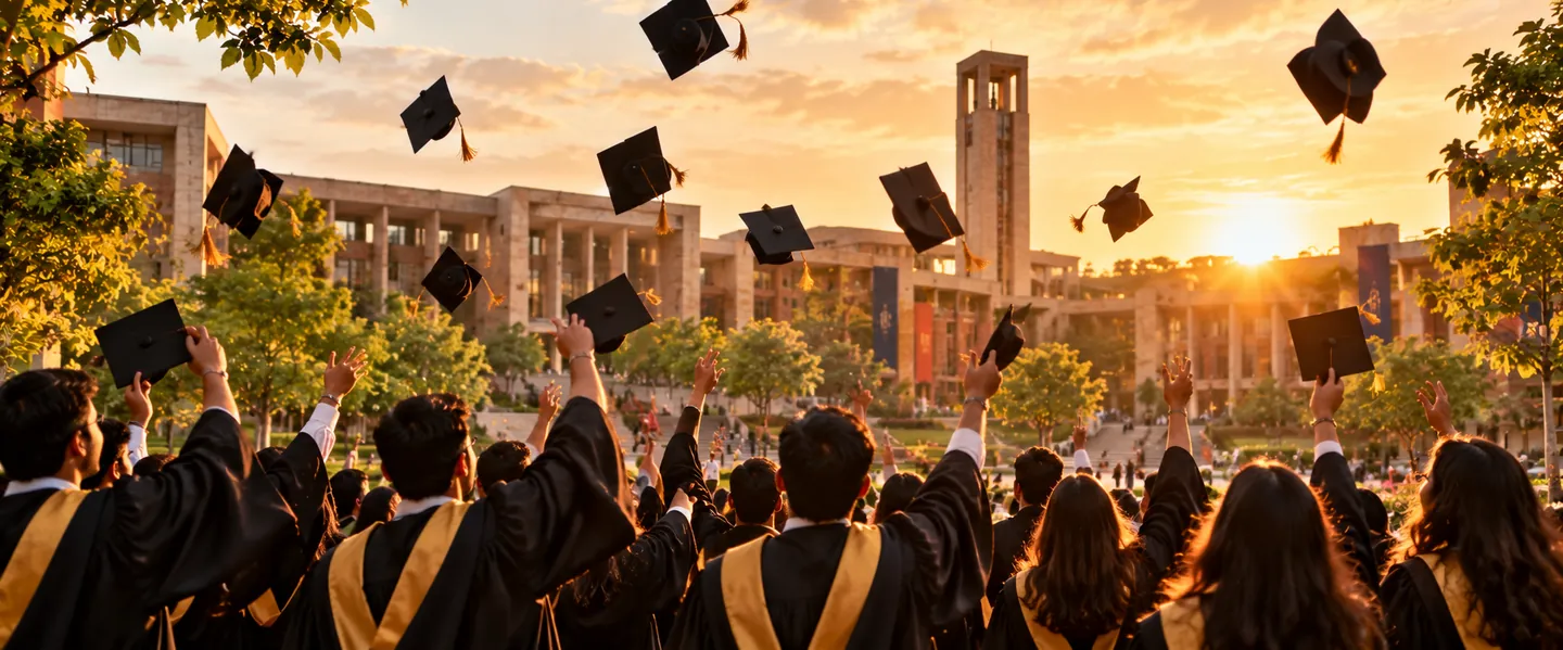 Graduates throwing their caps in the air at a convocation